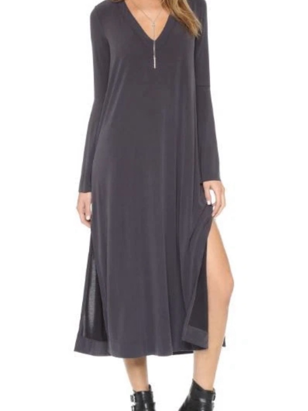 Free People Charcoal Grey “Fine Romance” Long Sleeve V-Neck Dress